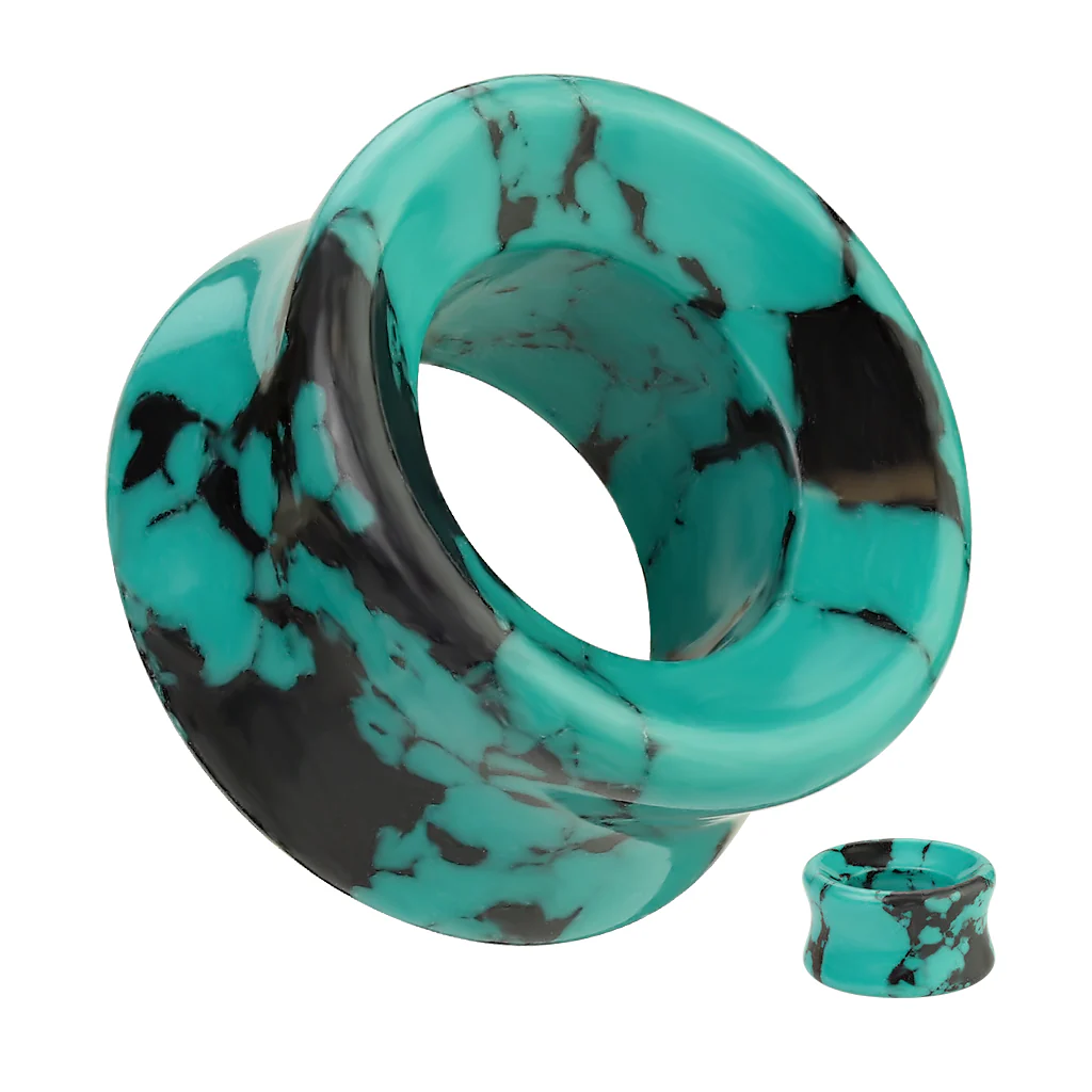 Pair Teal Black Turquoise Double Flare Stone Tunnel - Image 3