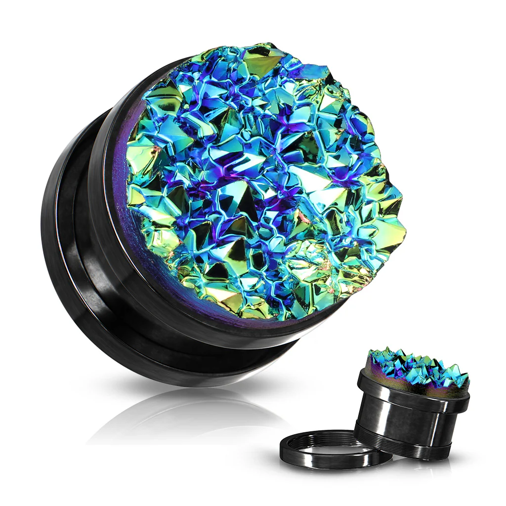 Pair Blue Druzy Stone Front Black Screw Fit Flesh Tunnels Ear Plugs - Image 3