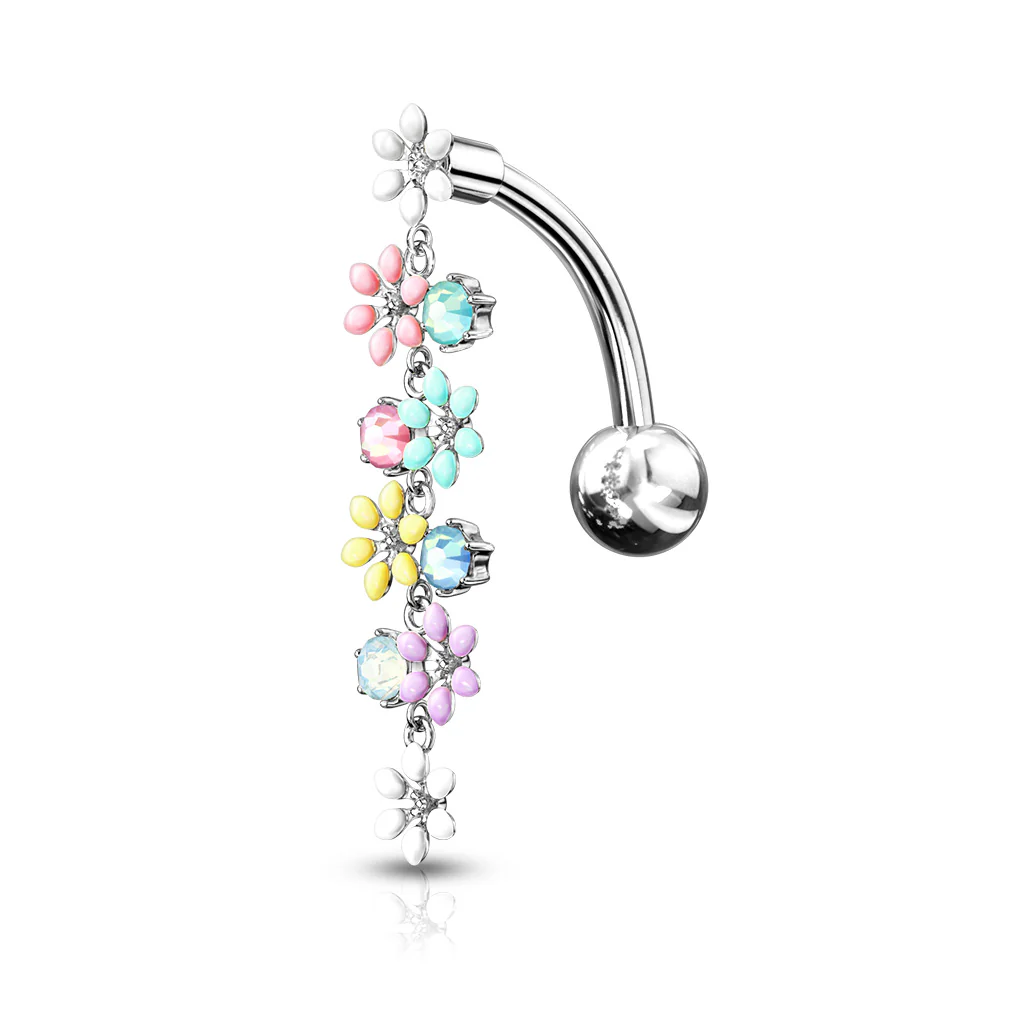 Opalite Crystal Stone Enamel Flowers Top Drop Dangle Navel Belly Button Ring - Image 3