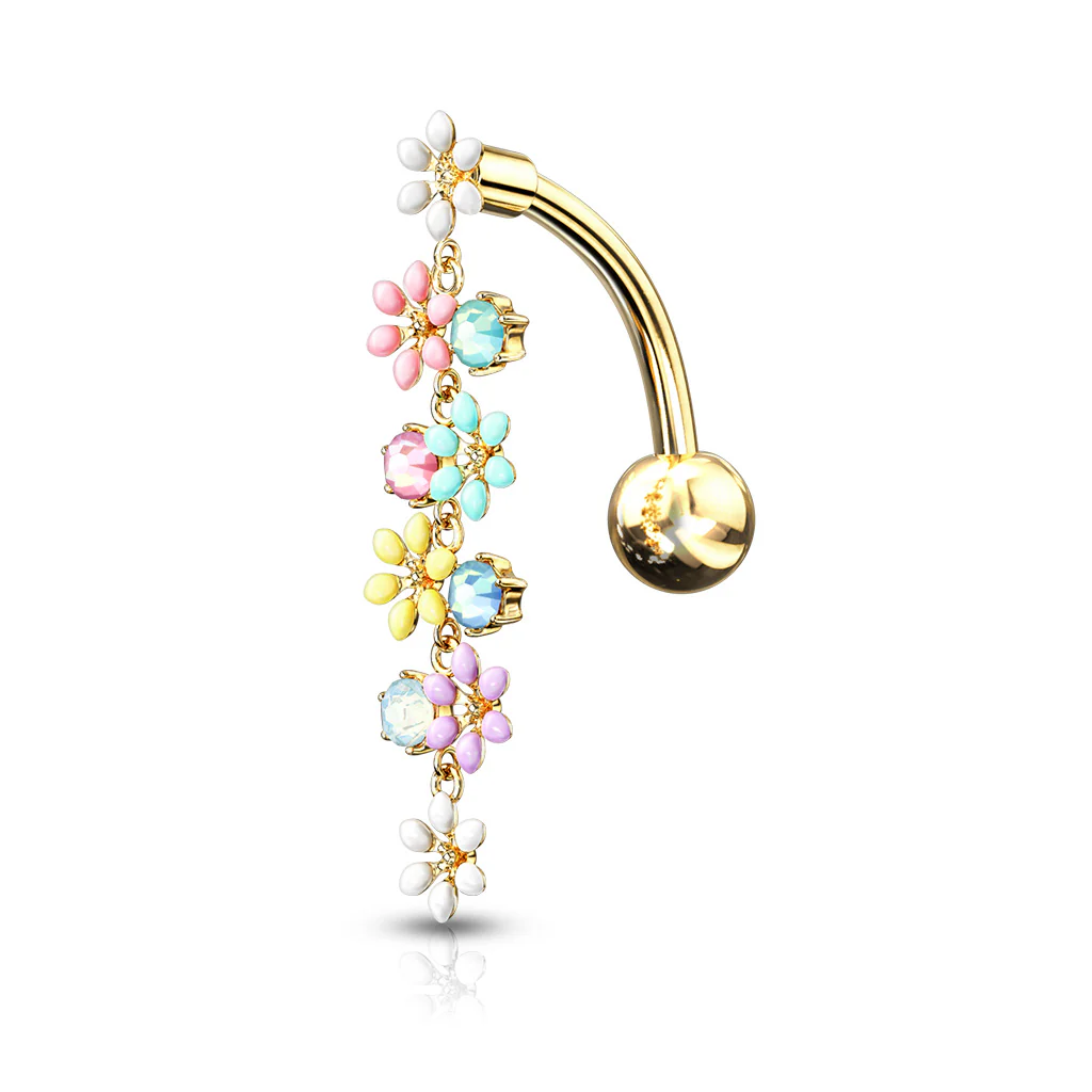 Opalite Crystal Stone Enamel Flowers Top Drop Dangle Navel Belly Button Ring - Image 4