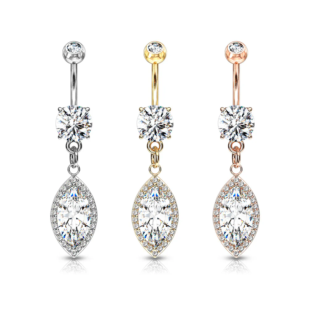 Round CZ Prong Set Large Marquise CZ Dangle 14kt Gold Plated Navel Belly Button Ring - Image 5