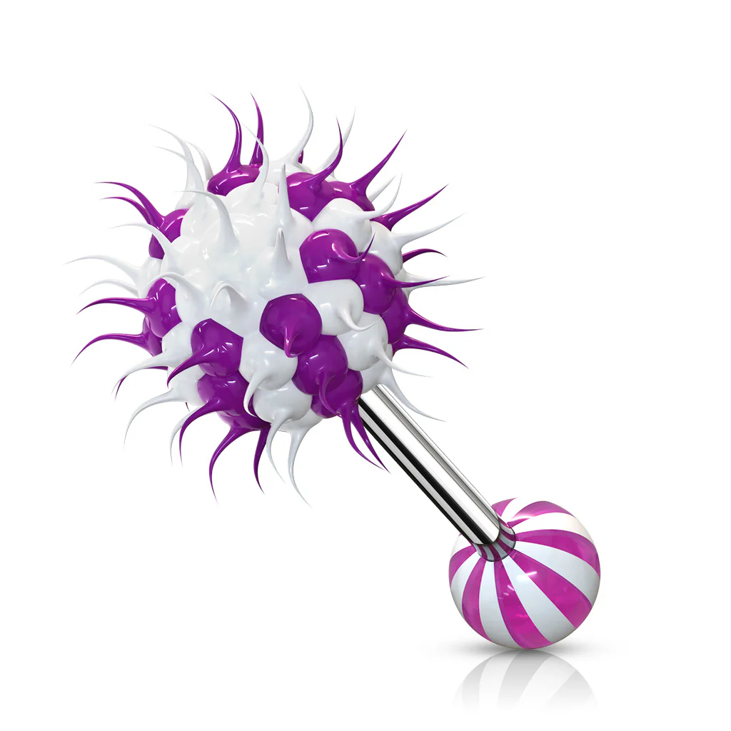 Candy Stripe Silicone Spiky Koosh Balls Barbell Tongue Rings - Image 2