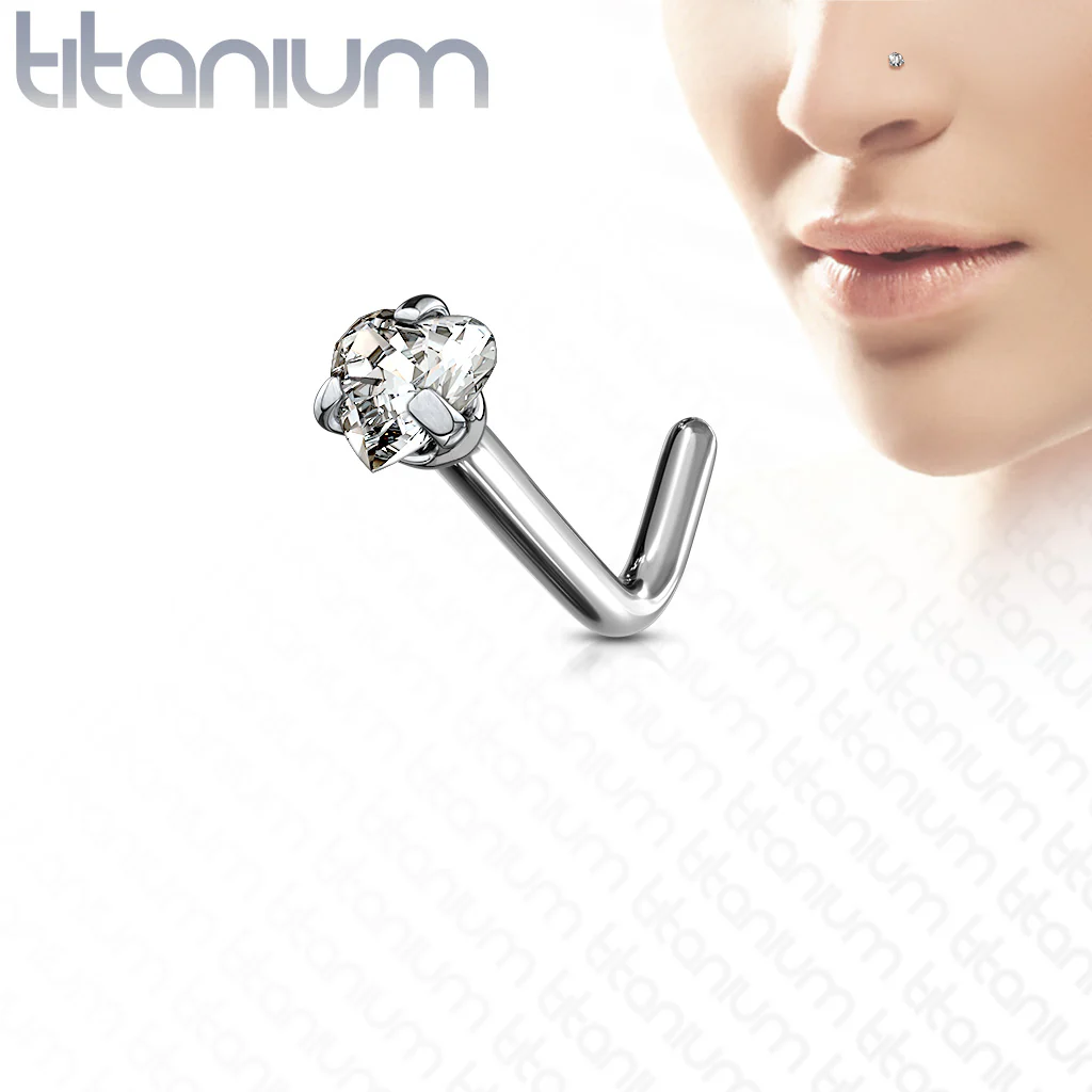 Prong Set Heart Shape CZ Solid Titanium L Blend Nose Stud Ring - Image 3