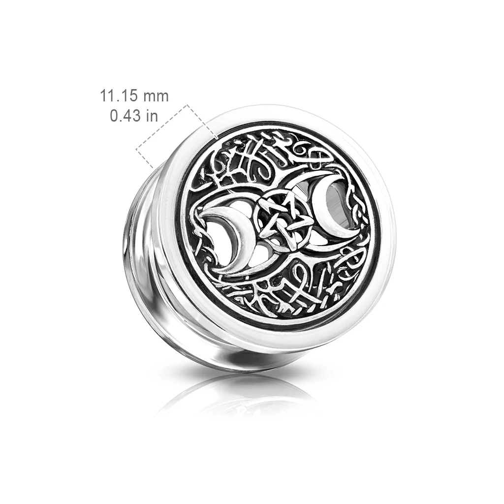 Pair Antique Silver Plated 2 Crescent Moons Star Screw Fit Flesh Ear Tunnels Plugs - Image 3