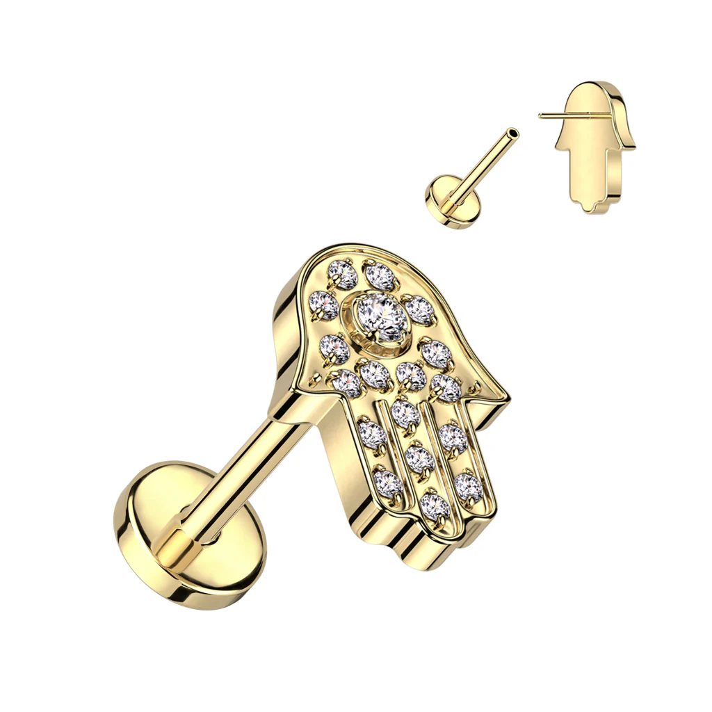 Titanium Threadless Push In Labret With Hamsa Pave CZ Top - Image 3