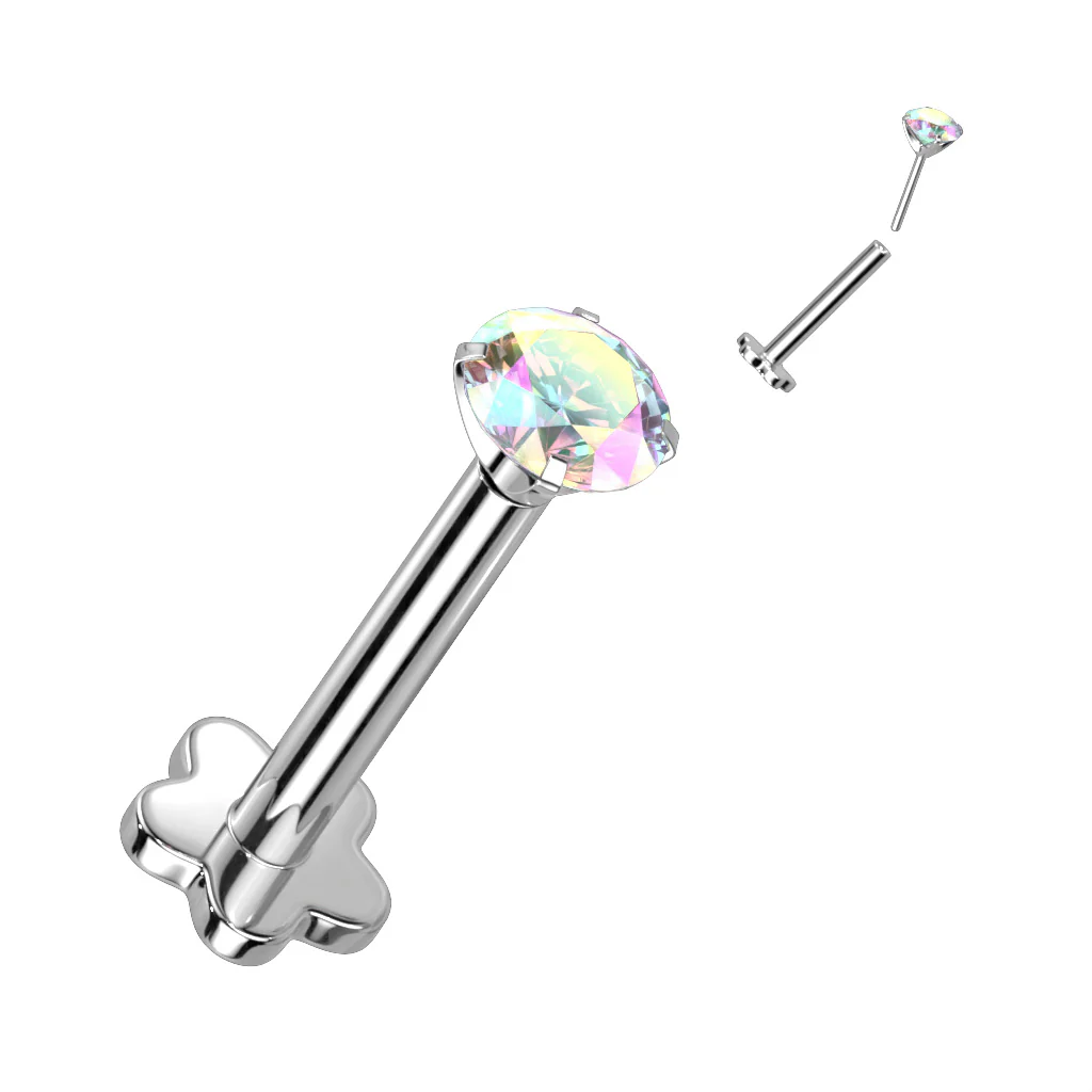 Implant Titanium Threadless Push-In Prong CZ Labret Flower Base Stud - Image 10