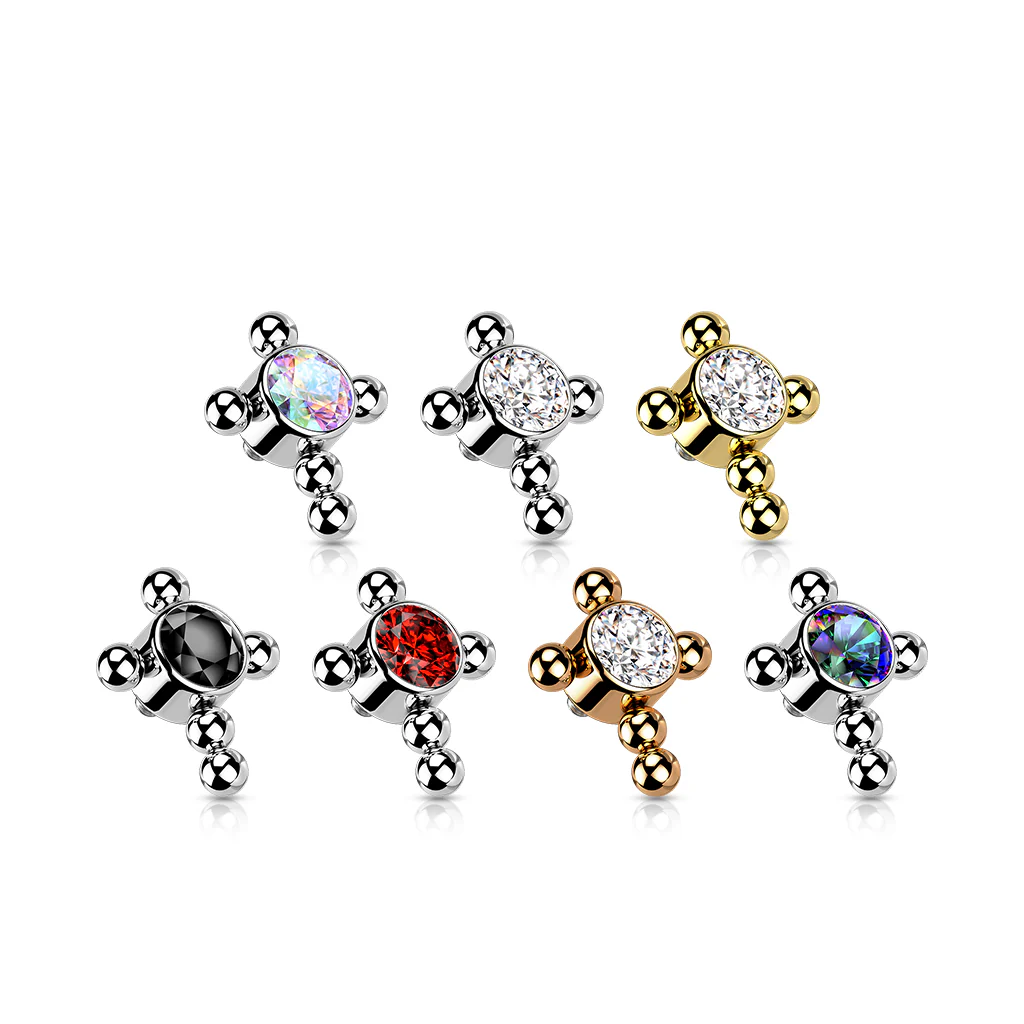 Titanium Bezel CZ Beaded Ball Cross Top For Lip Eyebrow Dermal - Image 2