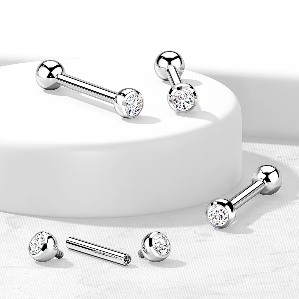 Titanium Internally Threaded Cartilage Barbell With CZ Bezel Set Ball Ends
