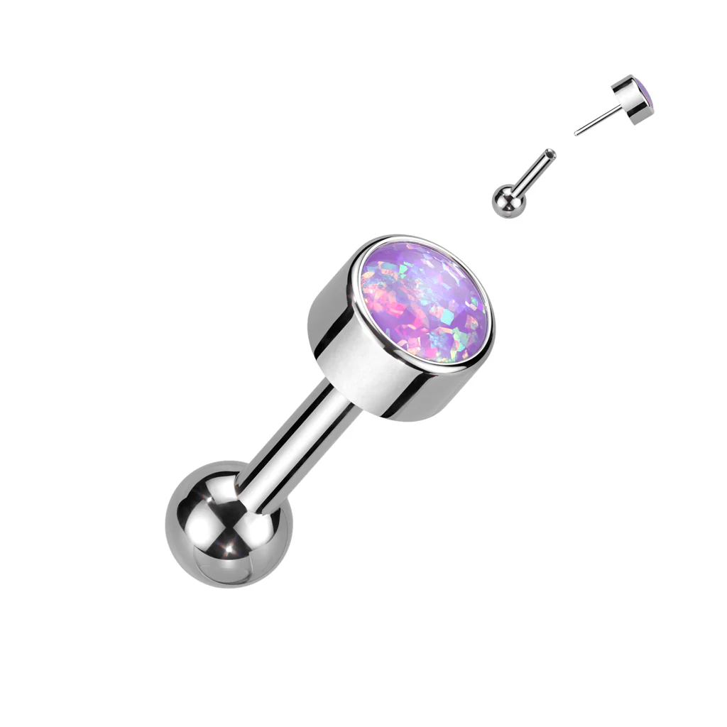 Titanium Threadless Push-In Cartilage Barbell with Bezel Opal - Image 3