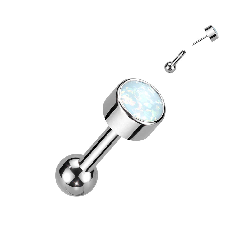 Titanium Threadless Push-In Cartilage Barbell with Bezel Opal - Image 4