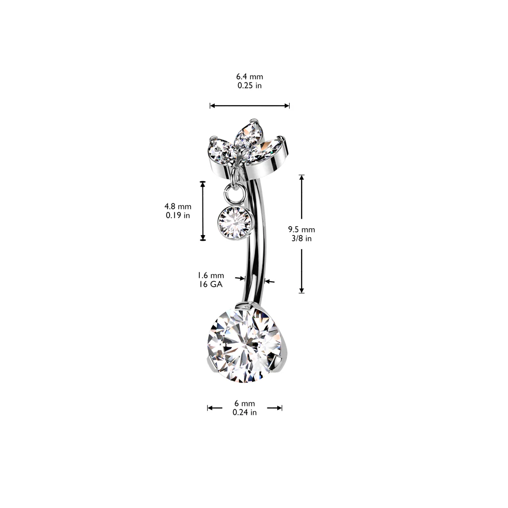 Titanium Threadless Push In CZ & 3 Marquise CZ Dangle Belly Button Ring - Image 2