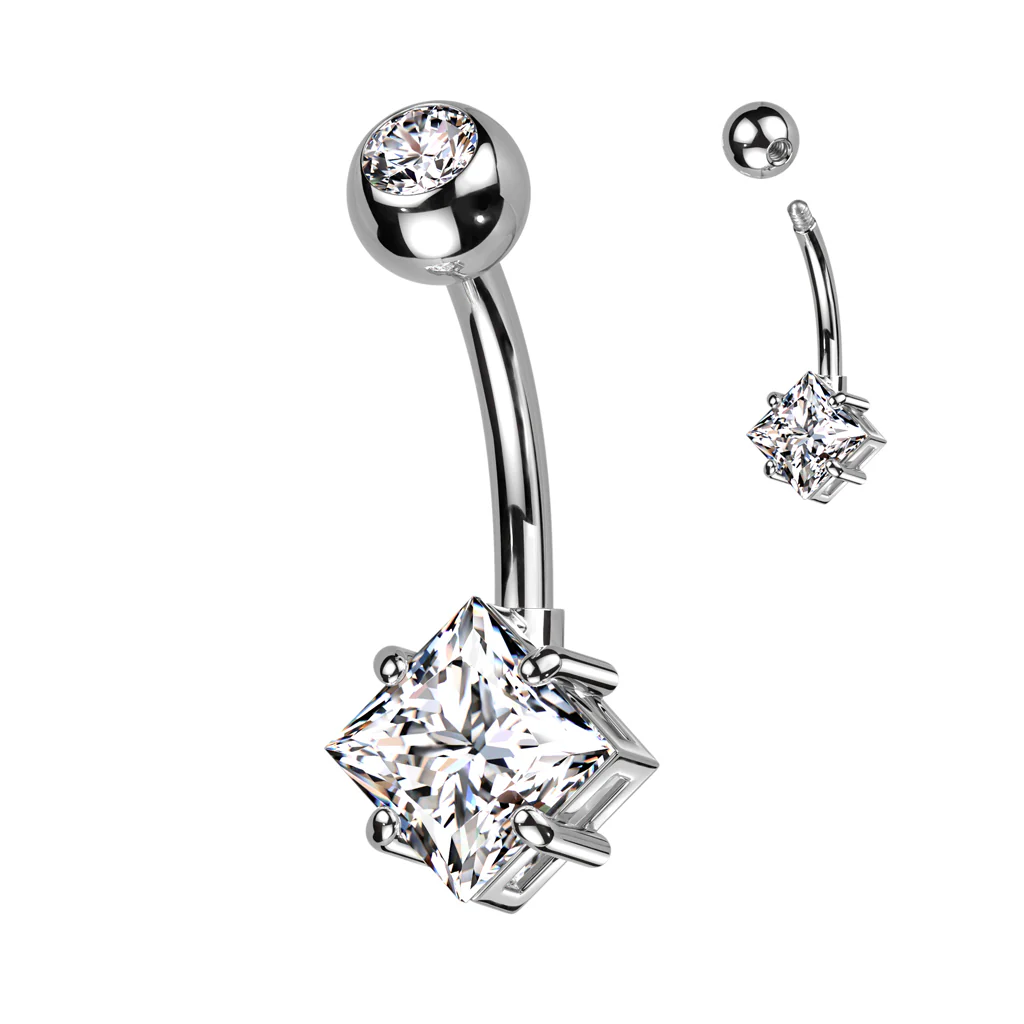 Titanium With CZ Top Ball & Diamond Prong Set CZ Belly Button Ring - Image 5