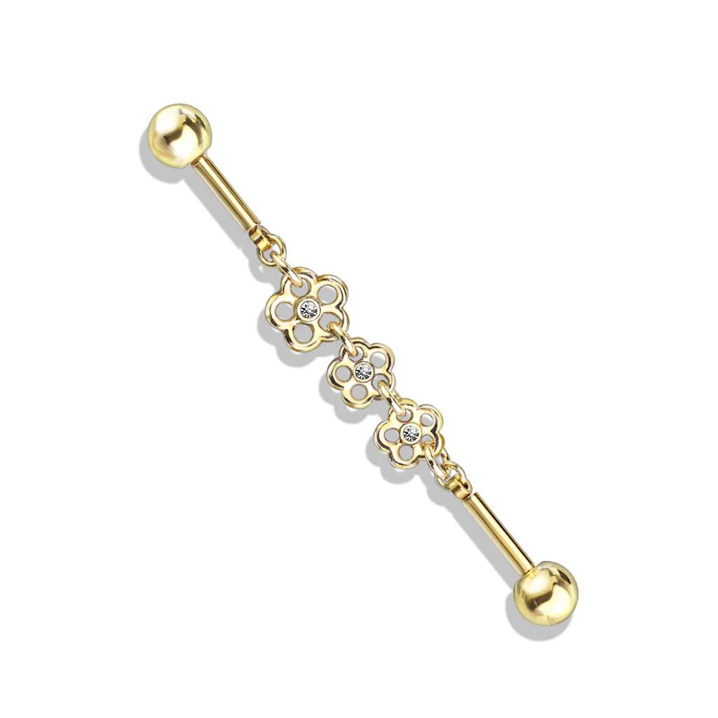Triple Flower CZ Chain 316L Surgical Steel Industrial Barbells - Image 4