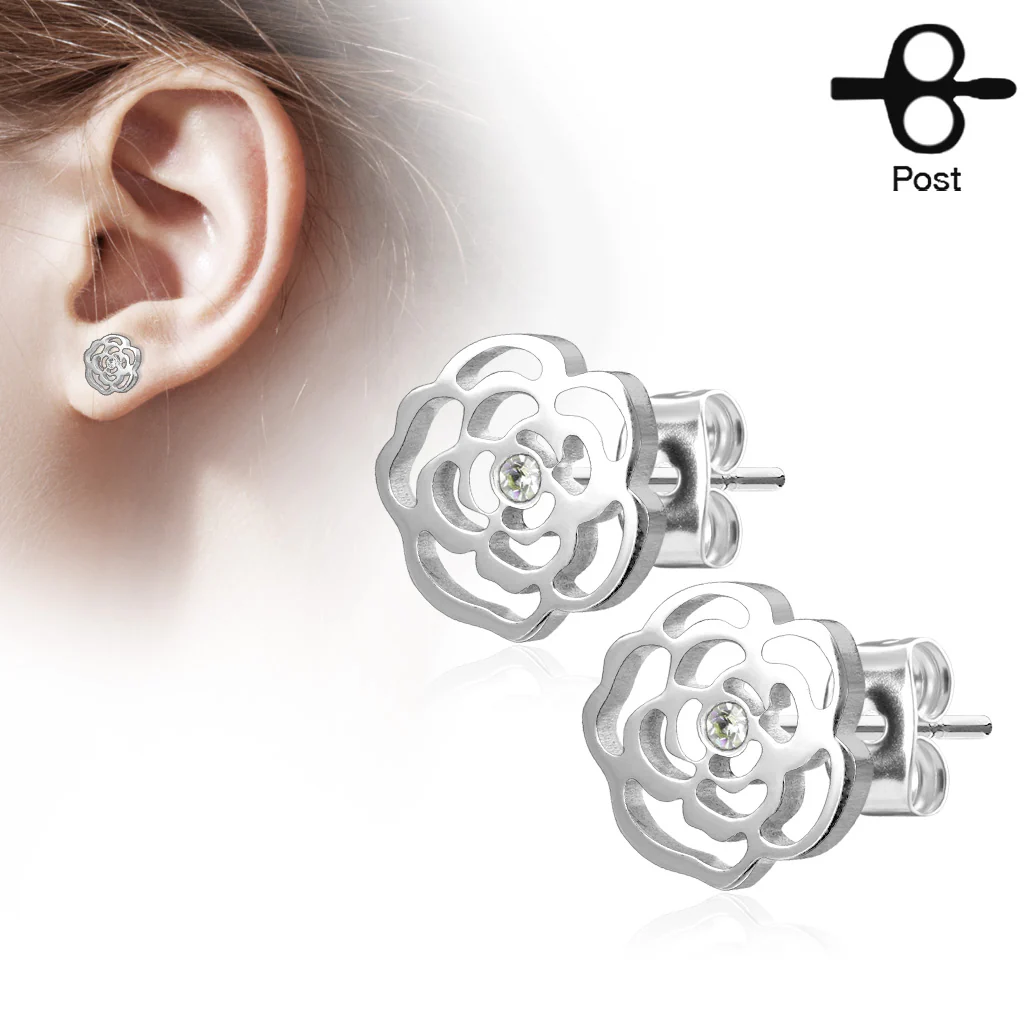 Rose Blossom With Crystal Gold Or 316L Stainless Steel Earring Studs - Image 2