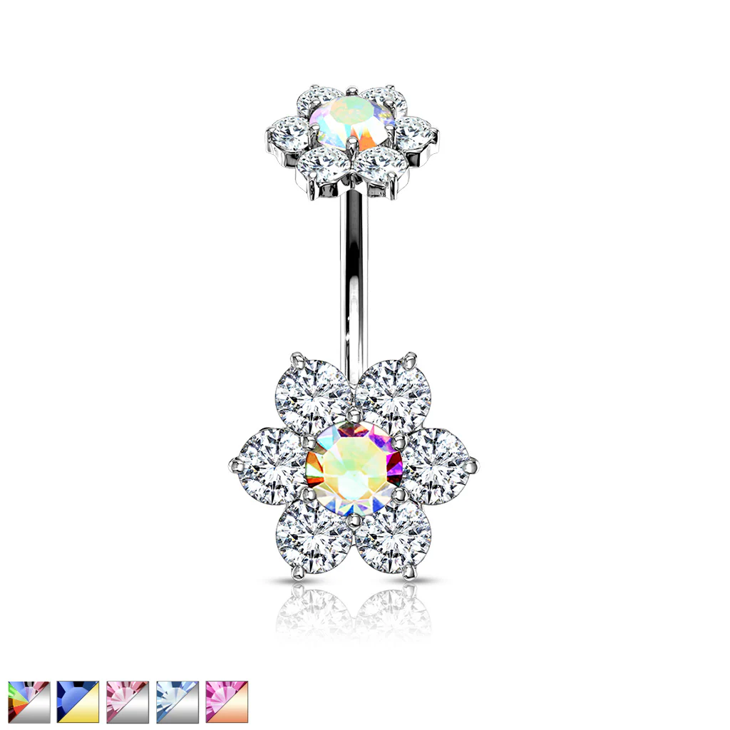CZ Flower With Internally Threaded Top Dangle Navel Belly Button Ring - Image 2