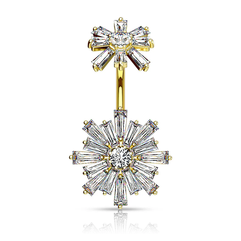 Double Tiered Baguette CZ Flower Internally Threaded Navel Belly Button Ring - Image 3