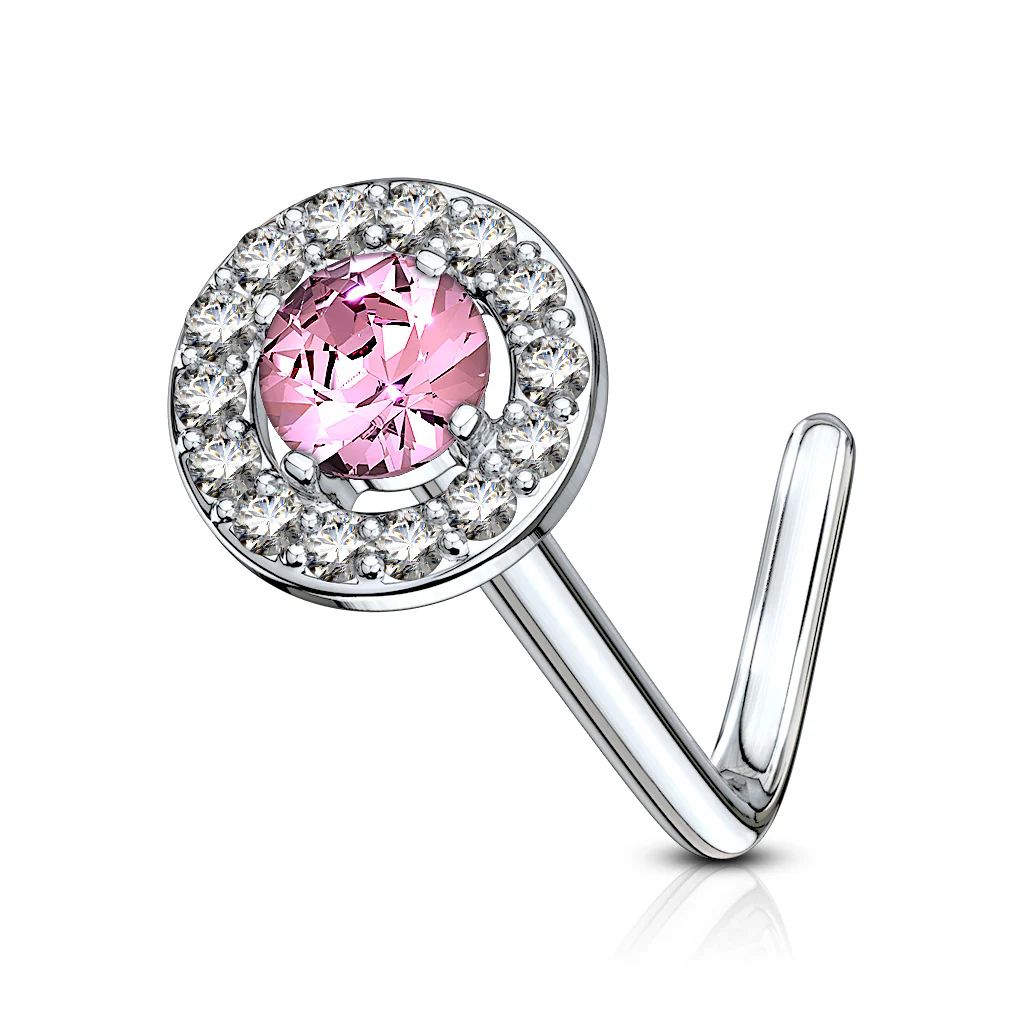 Double Tiered Round CZ Top Surgical Steel L Bend Nose Stud Rings - Image 3