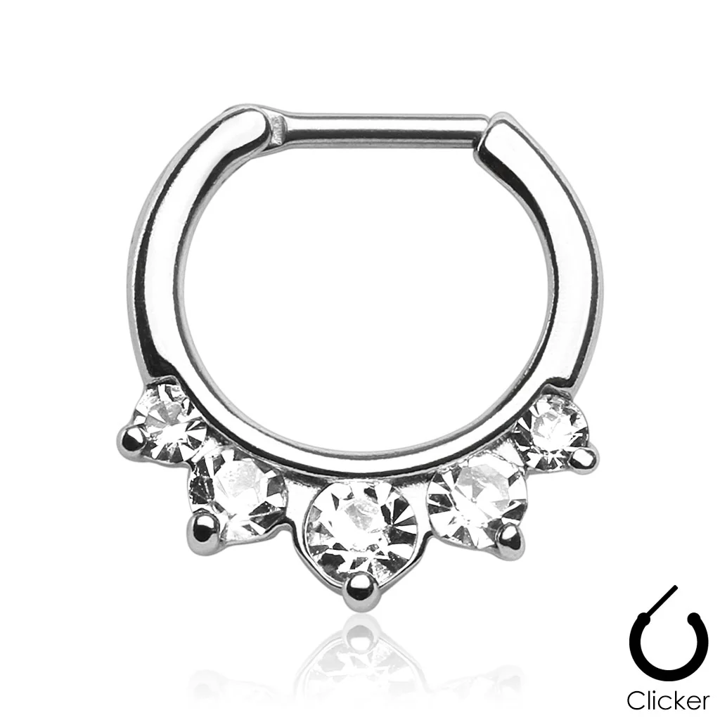 Five CZ Surgical Steel Septum Clicker Nose Ring - Image 2