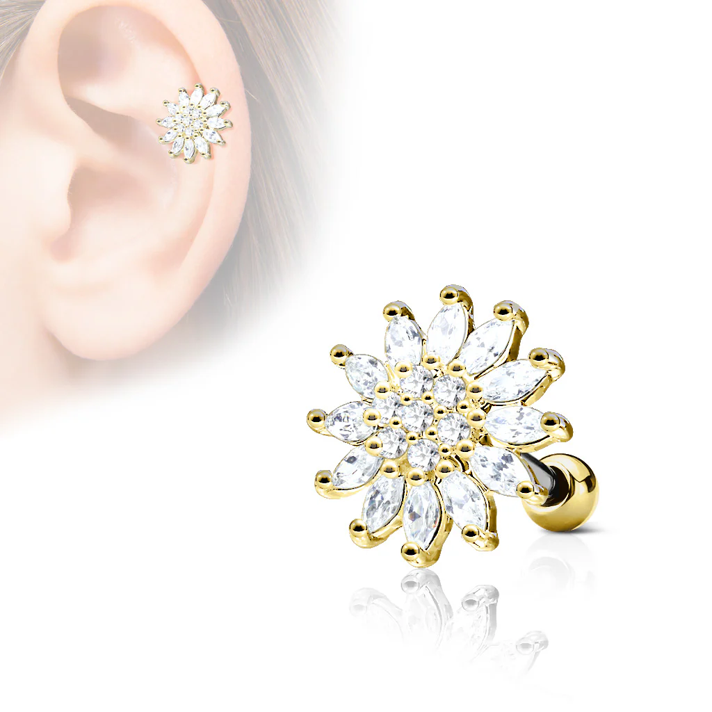 Flower Top CZ Ear Cartilage Daith Helix Tragus Barbell Stud - Image 3