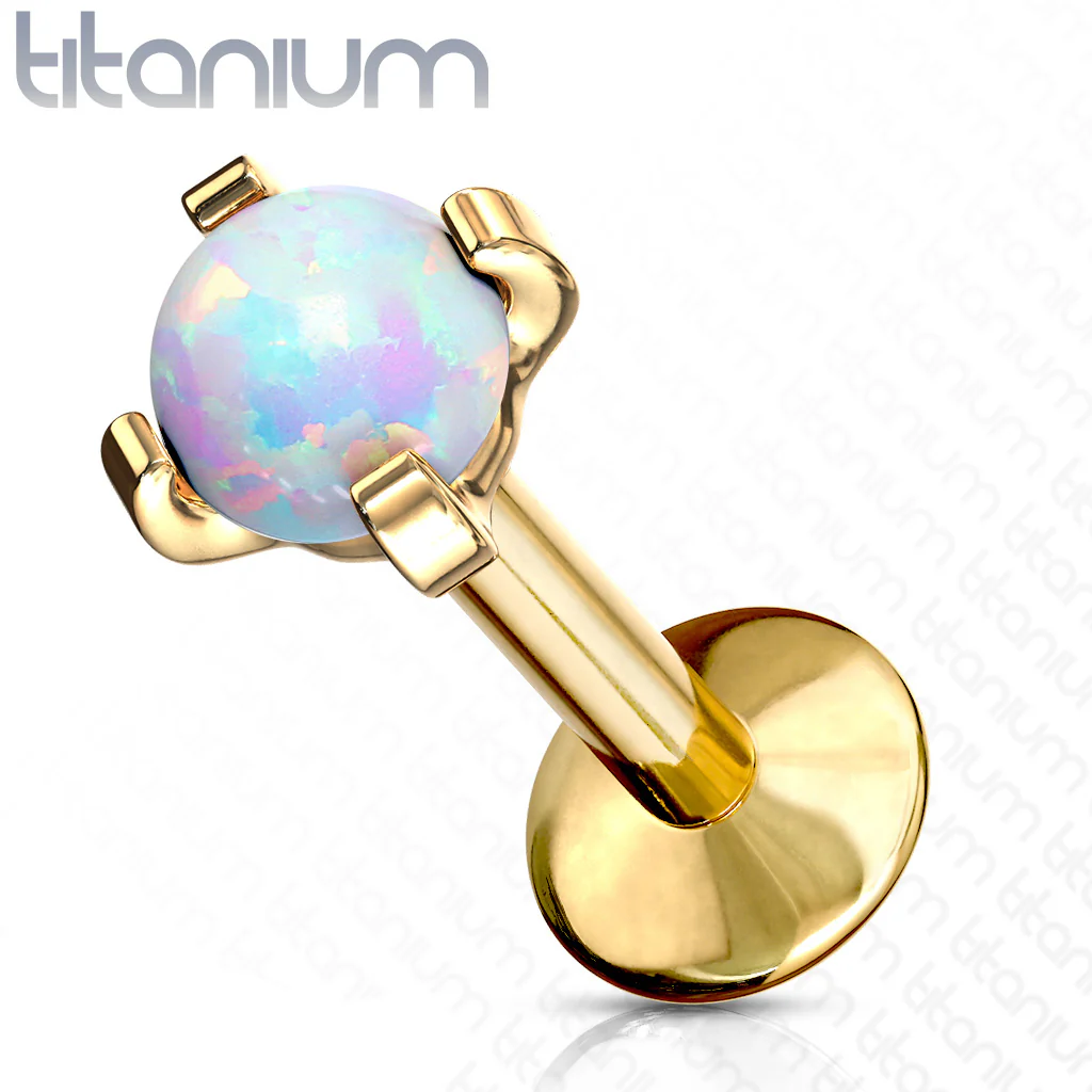 G23 Implant Grade Titanium Yellow Gold Prong Set Opal Labret Ear Cartilage Piercing 16G