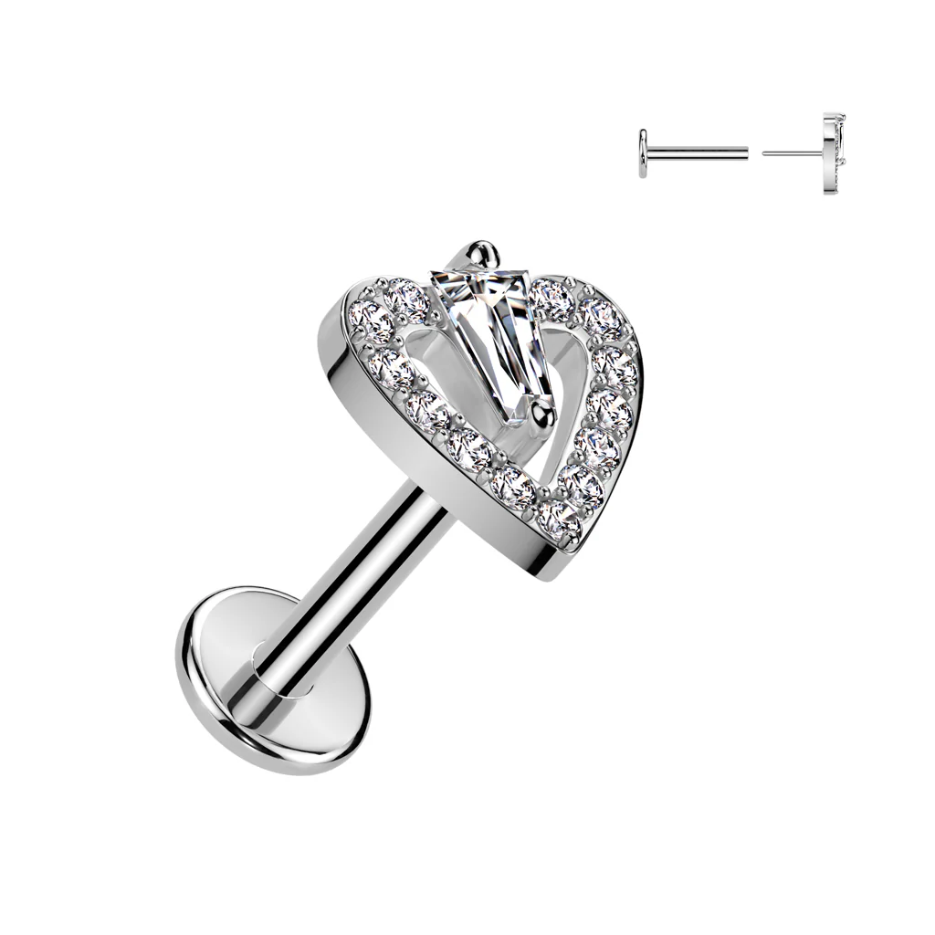 Pave Heart CZ Threadless Push In Labret Tragus Snug Ear Cartilage Helix - Image 2