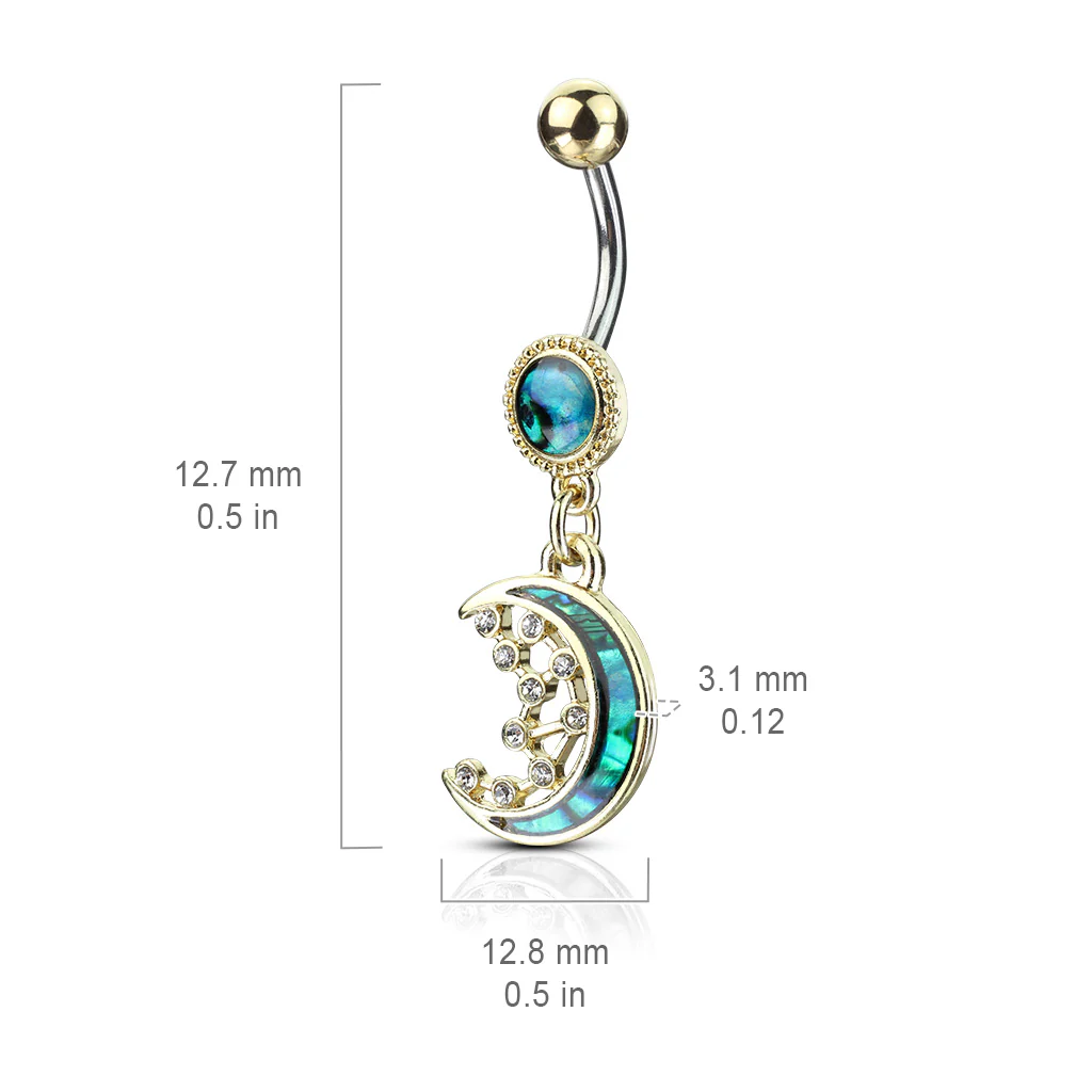 Mother of Pearl Crescent Moon CZ Stars Dangle Belly Button Navel Rings - Image 5