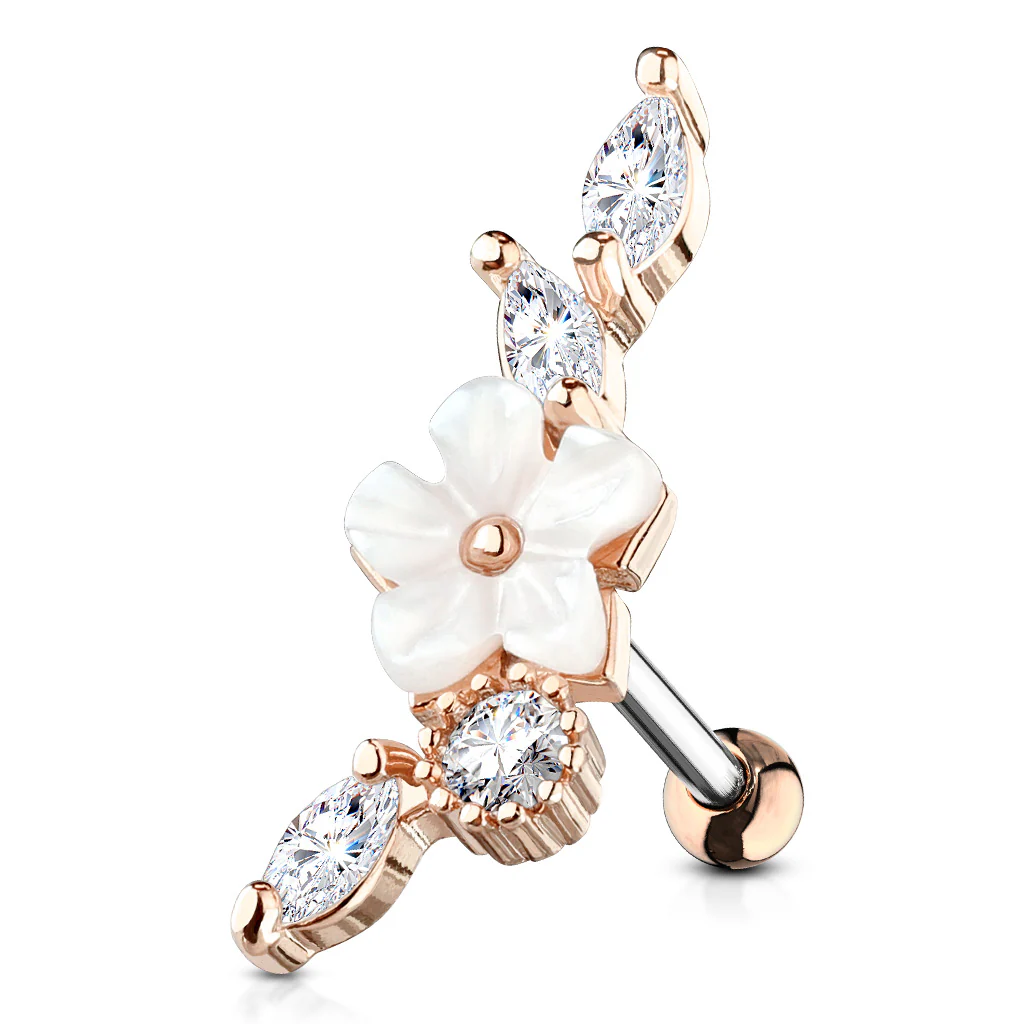 Mother of Pearl Flower Vine CZ Top Ear Cartilage Daith Helix Tragus Barbell Stud - Image 4