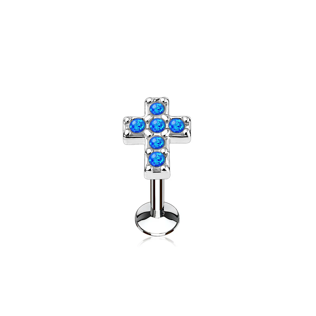 Opal Cross Internal Threaded Labret Monroe Helix Daith Tragus Studs - Image 2