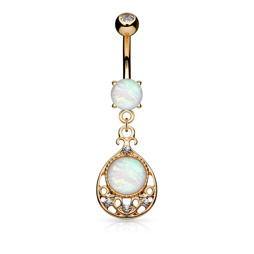 Opal Vintage Filigree Dangle Surgical Steel Belly Button Navel Rings - Image 3