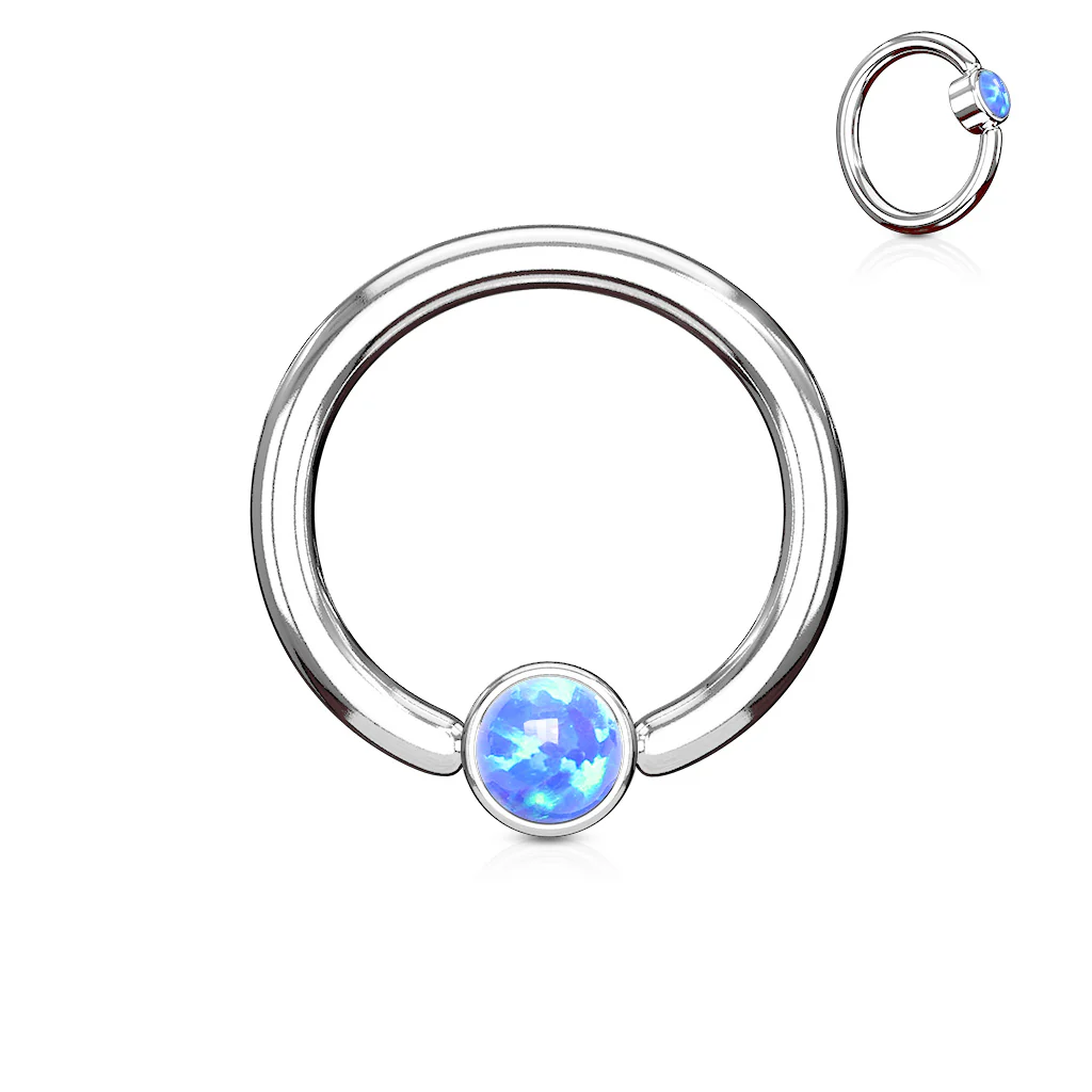 Opal Set Round Flat Cylinder Surgical Steel Captive Hoop Ring - Image 3