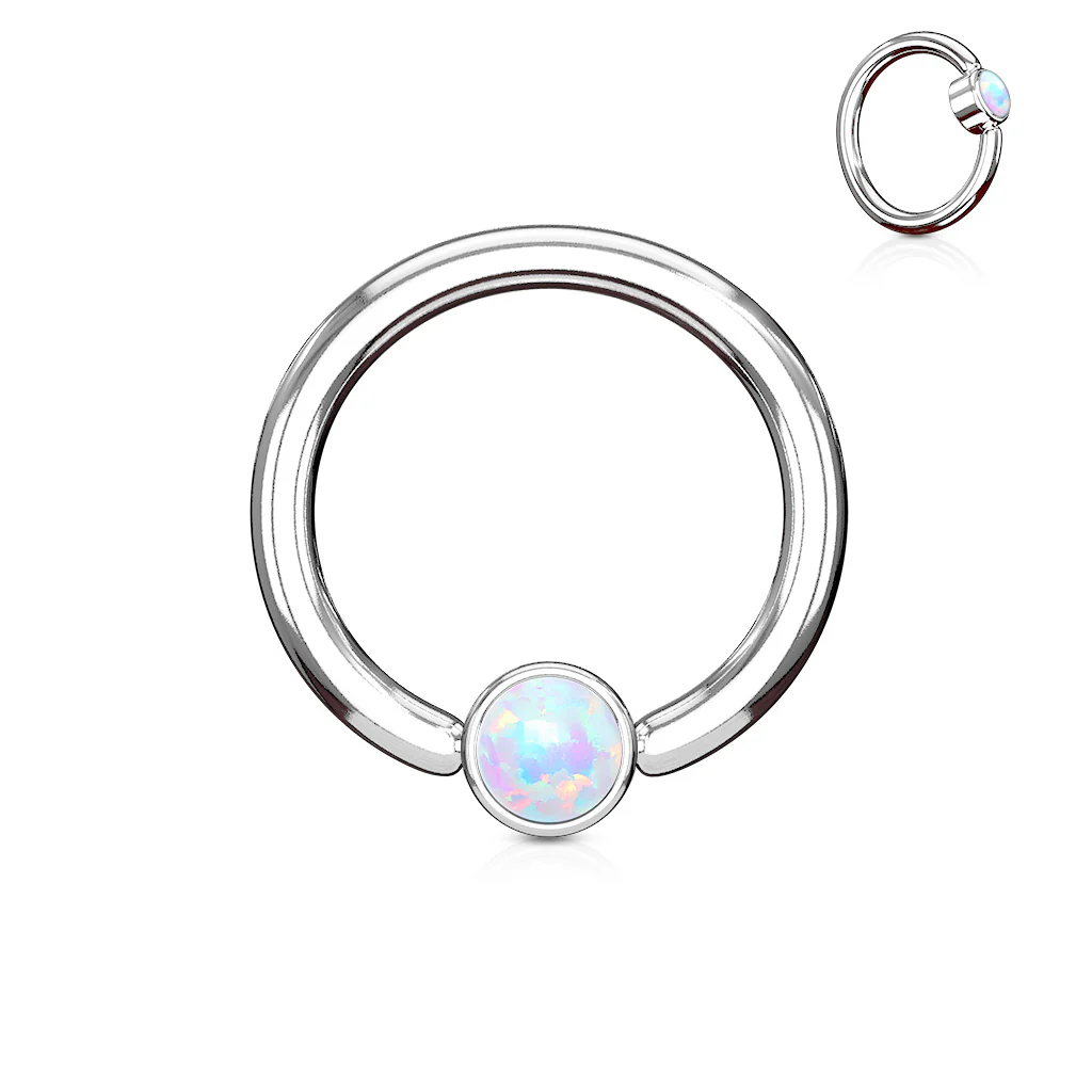 Opal Set Round Flat Cylinder Surgical Steel Captive Hoop Ring - Image 4