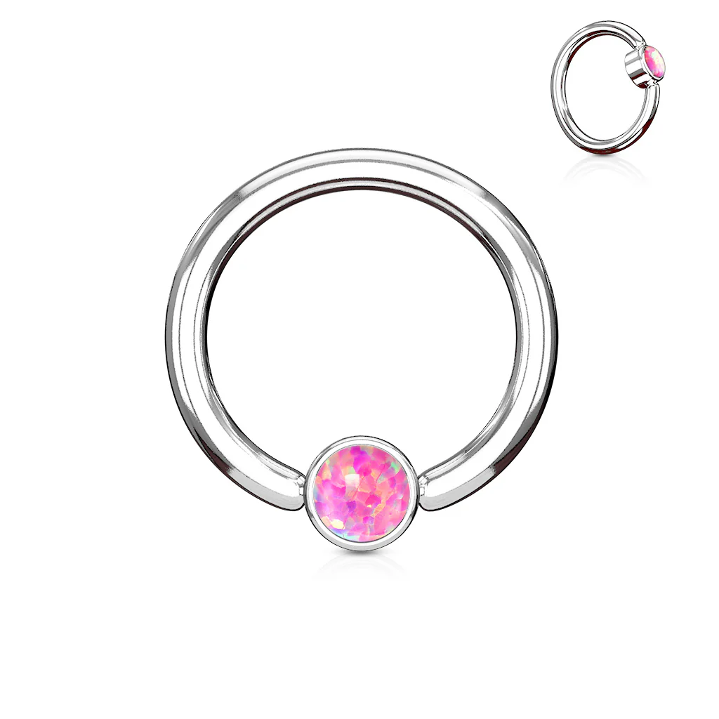 Opal Set Round Flat Cylinder Surgical Steel Captive Hoop Ring - Image 5