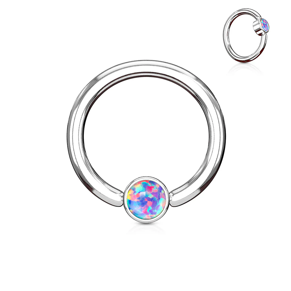 Opal Set Round Flat Cylinder Surgical Steel Captive Hoop Ring - Image 6