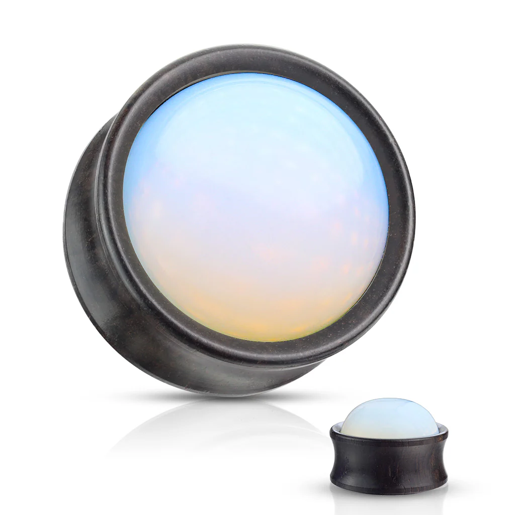 Opalite Stone Front Double Flared Ebony Wood Saddle Ear Plugs - Image 2