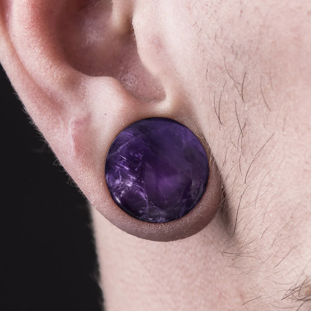 Pair Amethyst Semi Precious Stone Domes Single Flare Ear Plugs - Image 2