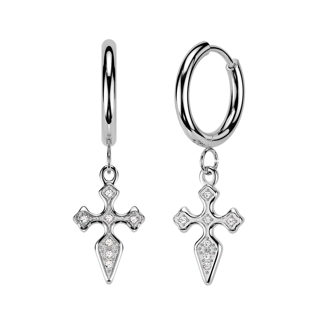 Pair Hinged Hoop CZ Cross Dangle Earrings Ear Cartilage Tragus - Image 2