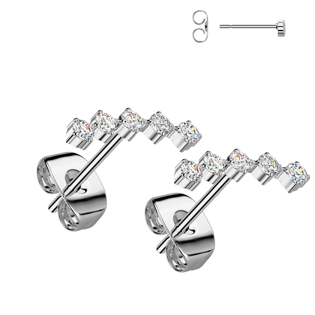 Pair of  5 Round CZ Curved Stainless Steel Earrings - Image 2