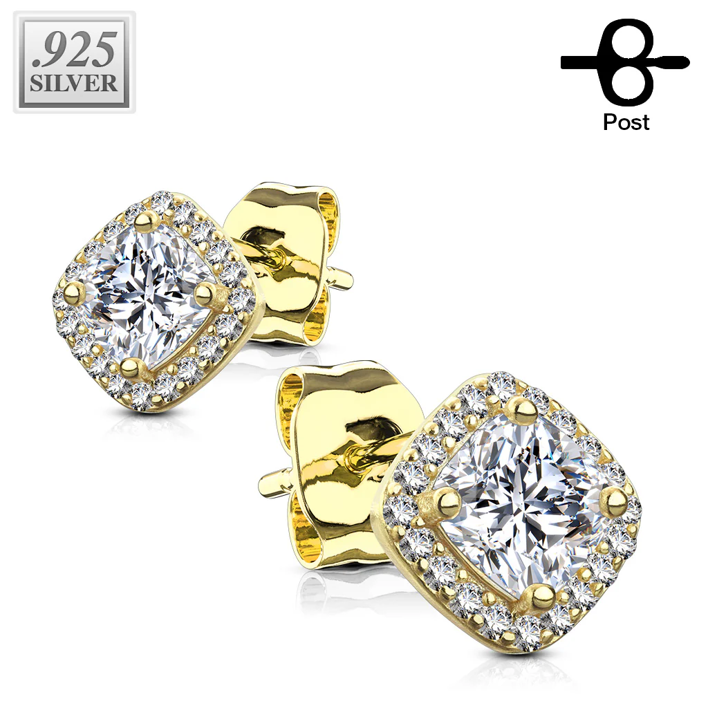 Pair of .925 Sterling Sliver Paved Square Cushion CZ Post Earring Studs - Image 3