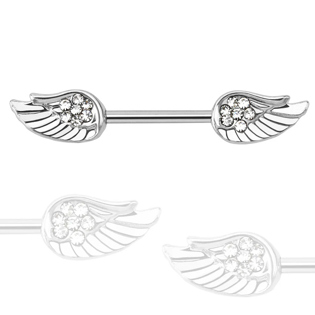 Pair of Angel Wings with Paved CZ 316L Surgical Steel Nipple Bar