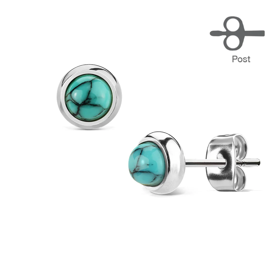 Pair Of Bezeled Semi Precious Turquoise Stone Set 316L Surgical Steel Earrings.