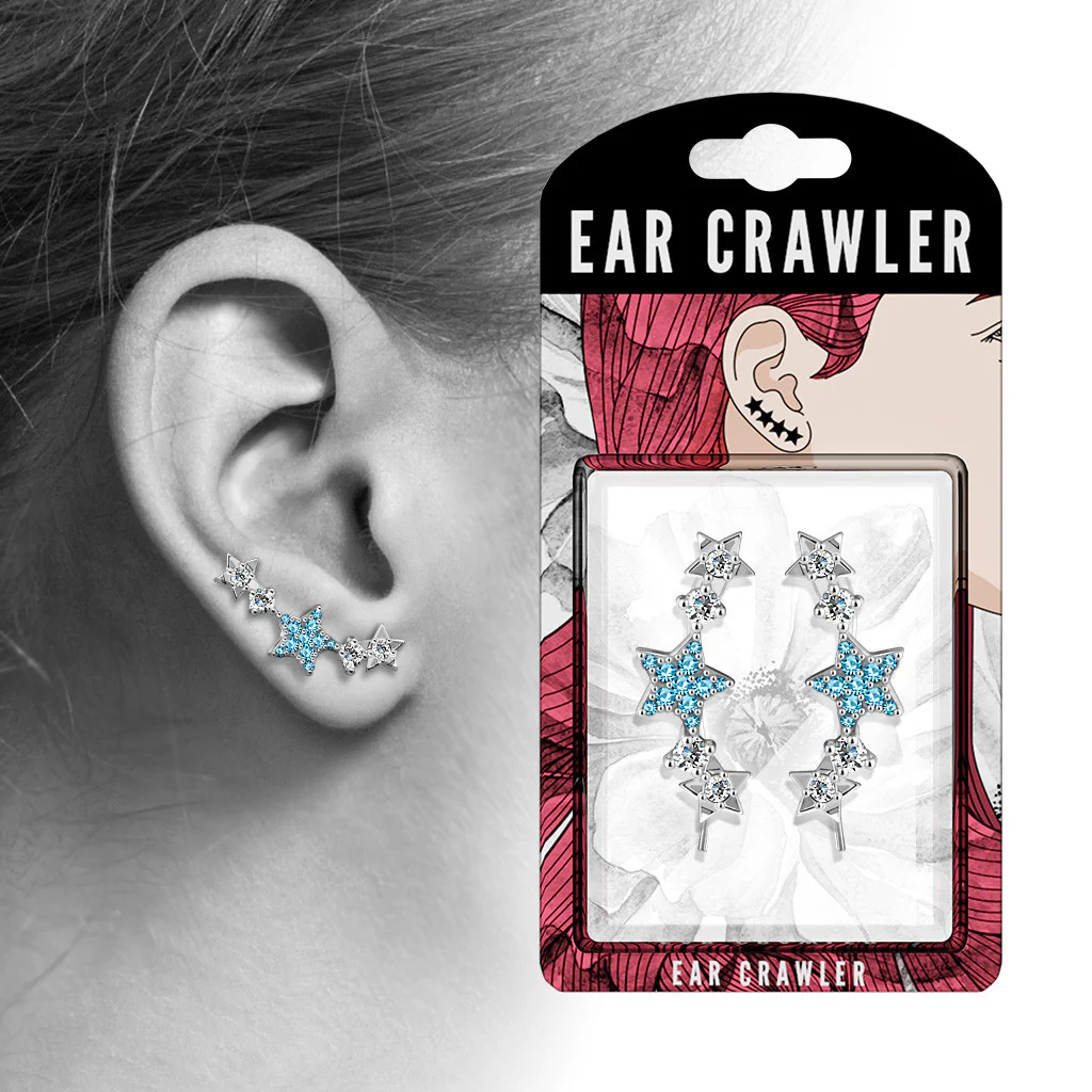 Pair of CZ Paved Stars Ear Crawler Ear Climber Earrings - Image 4