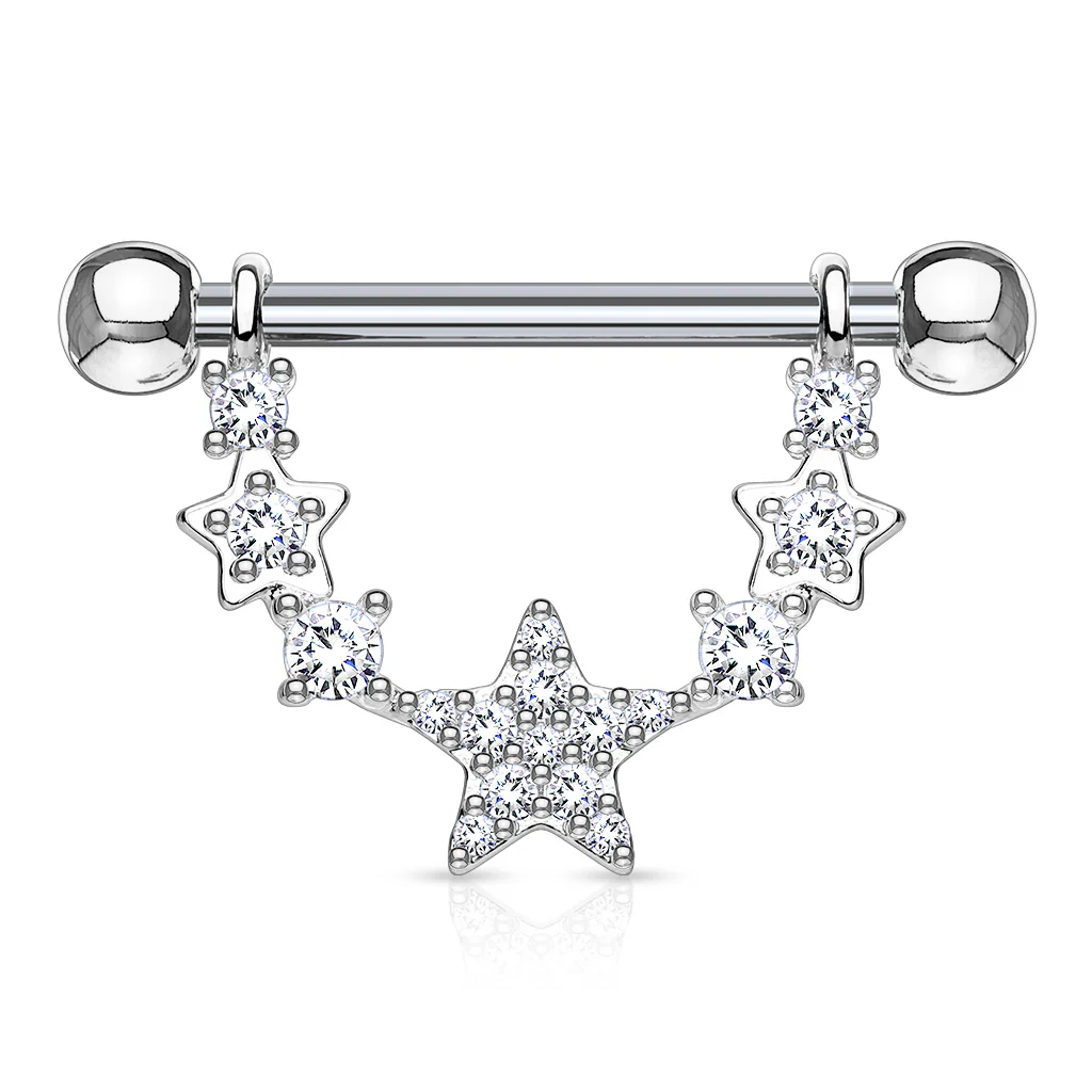 Pair of CZ Star Linked Surgical Steel Barbell Nipple Rings - Image 2