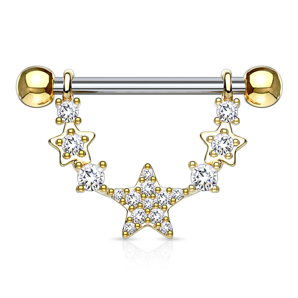 Pair of CZ Star Linked Surgical Steel Barbell Nipple Rings - Image 3