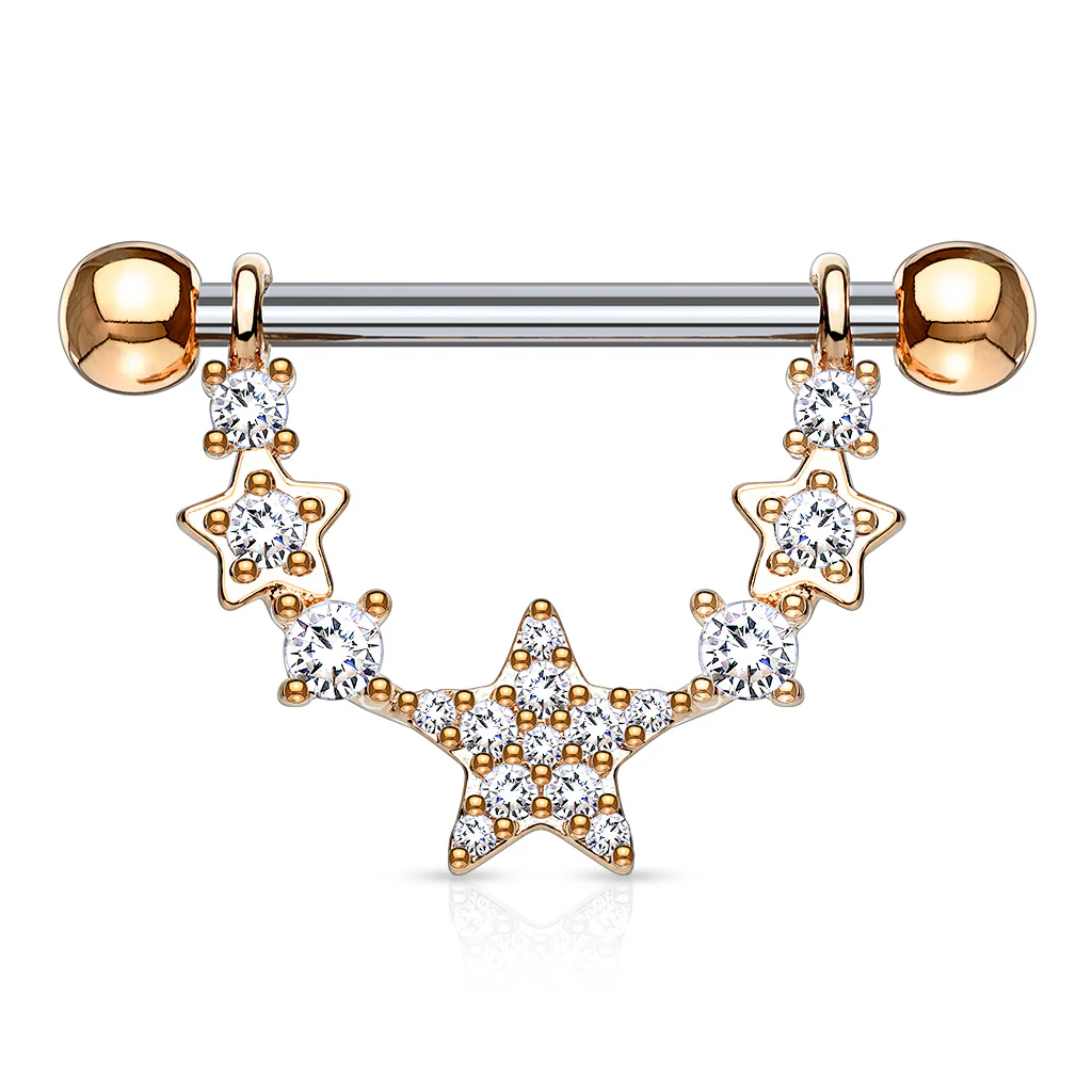 Pair of CZ Star Linked Surgical Steel Barbell Nipple Rings - Image 4