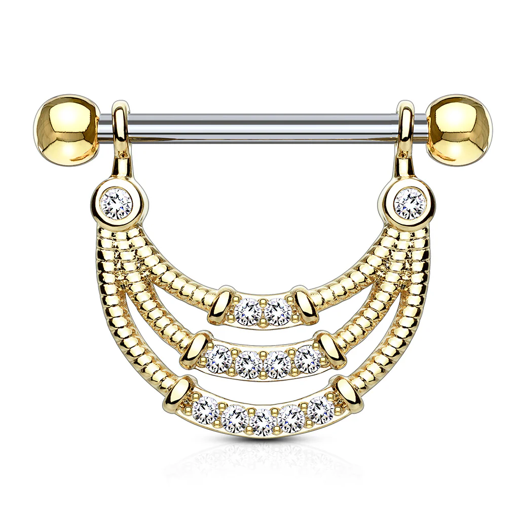 Pair of CZ Triple Dangle Surgical Steel Barbell Nipple Rings - Image 3