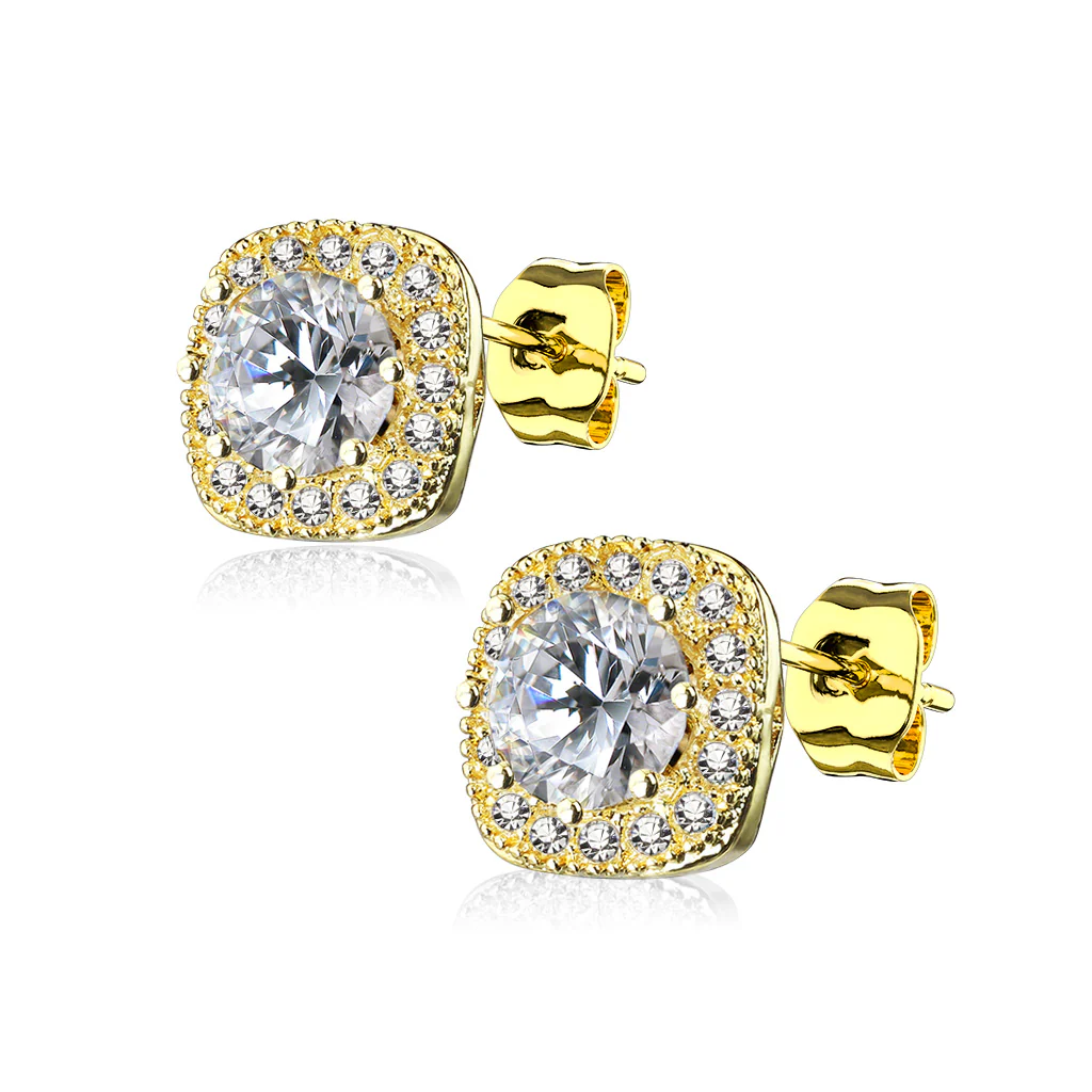 Pair of Large Round CZ Paved Square Earring Studs - Image 3