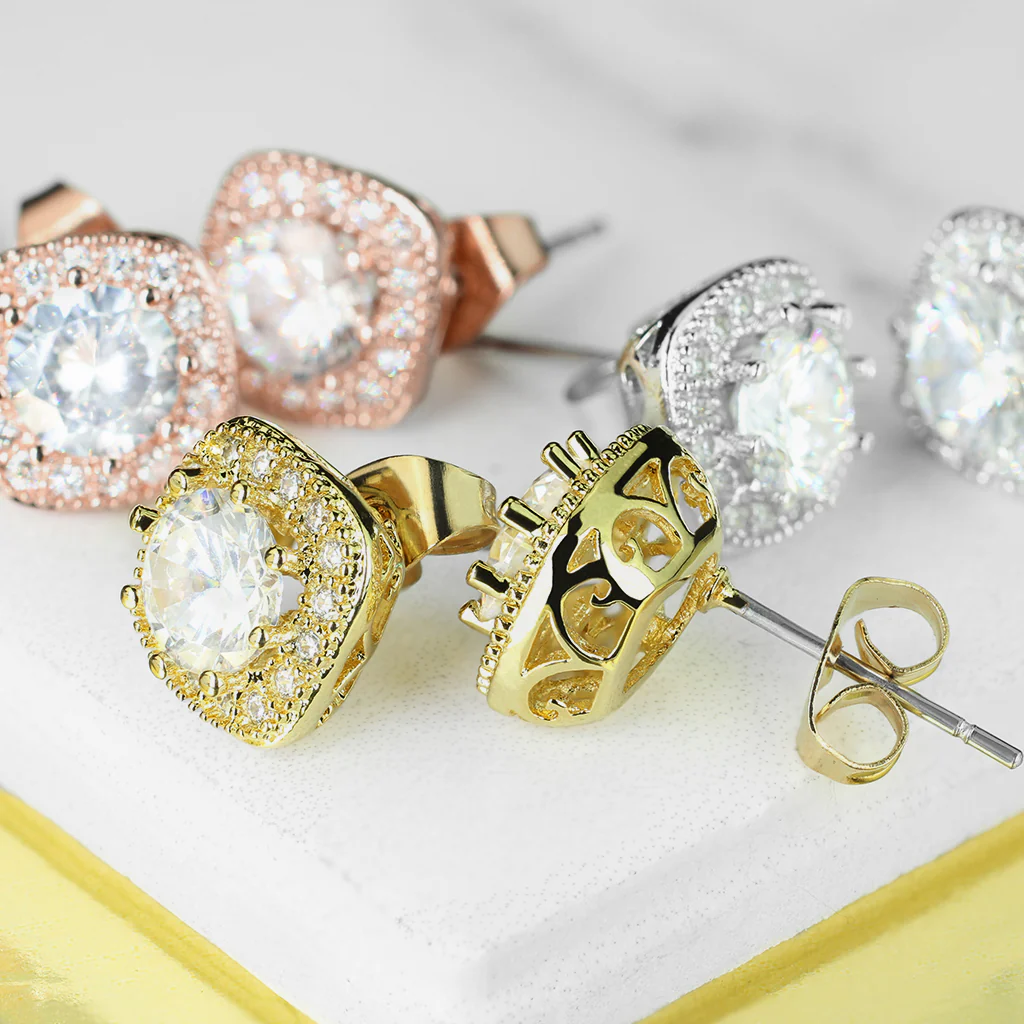 Pair of Large Round CZ Paved Square Earring Studs - Image 8