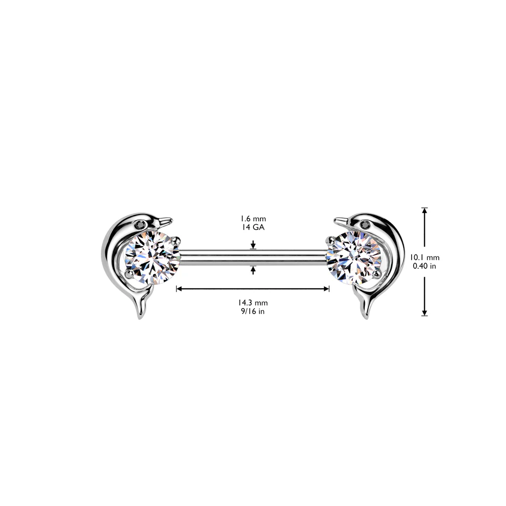 Pair Dolphin CZ Ends Surgical Steel Nipple Barbell - Image 5