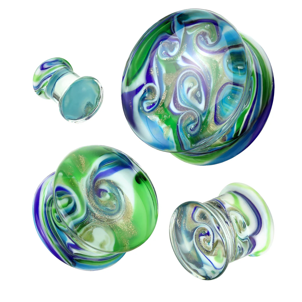 Pair Blue Green Swirl Double Flare Ear Plugs - Image 2
