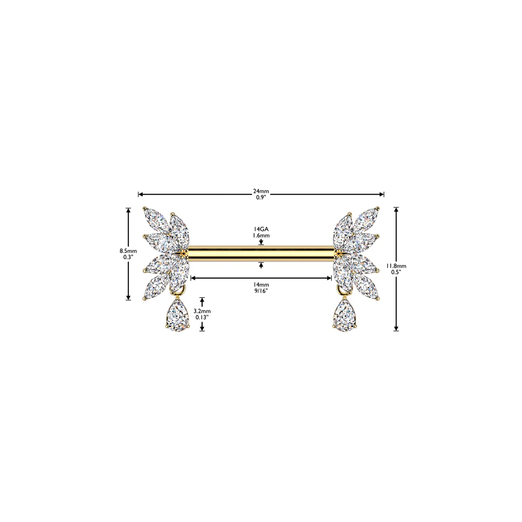 Pair Threadless Nipple Barbell Ring With Teardrop CZ Dangle - Image 2
